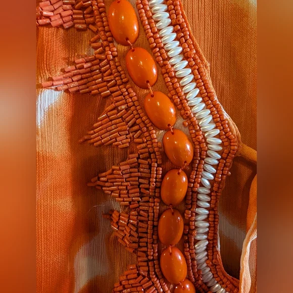 Spiggia Dolce kaftan/swim suit coverup  Orange/White w beautiful beading XL - Picture 2 of 9